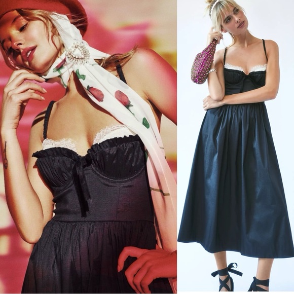 Free People For Love & Lemons Dainty Coquette Lace Doris Midi Dress Size Medium - Picture 3 of 17